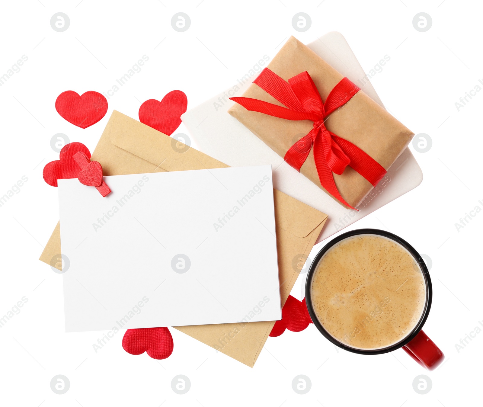 Photo of Blank card, gift box and cup of coffee on white background, top view. Valentine's Day celebration