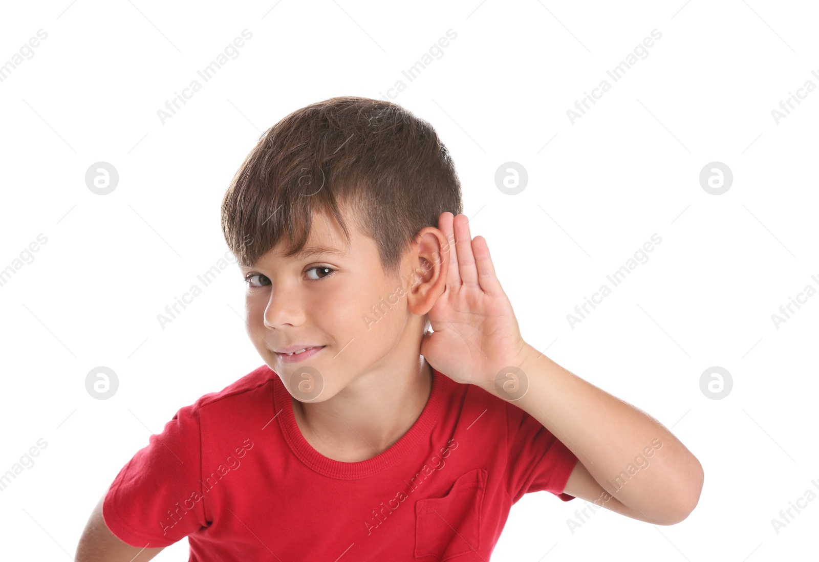 Photo of Cute little boy with hearing problem on white background