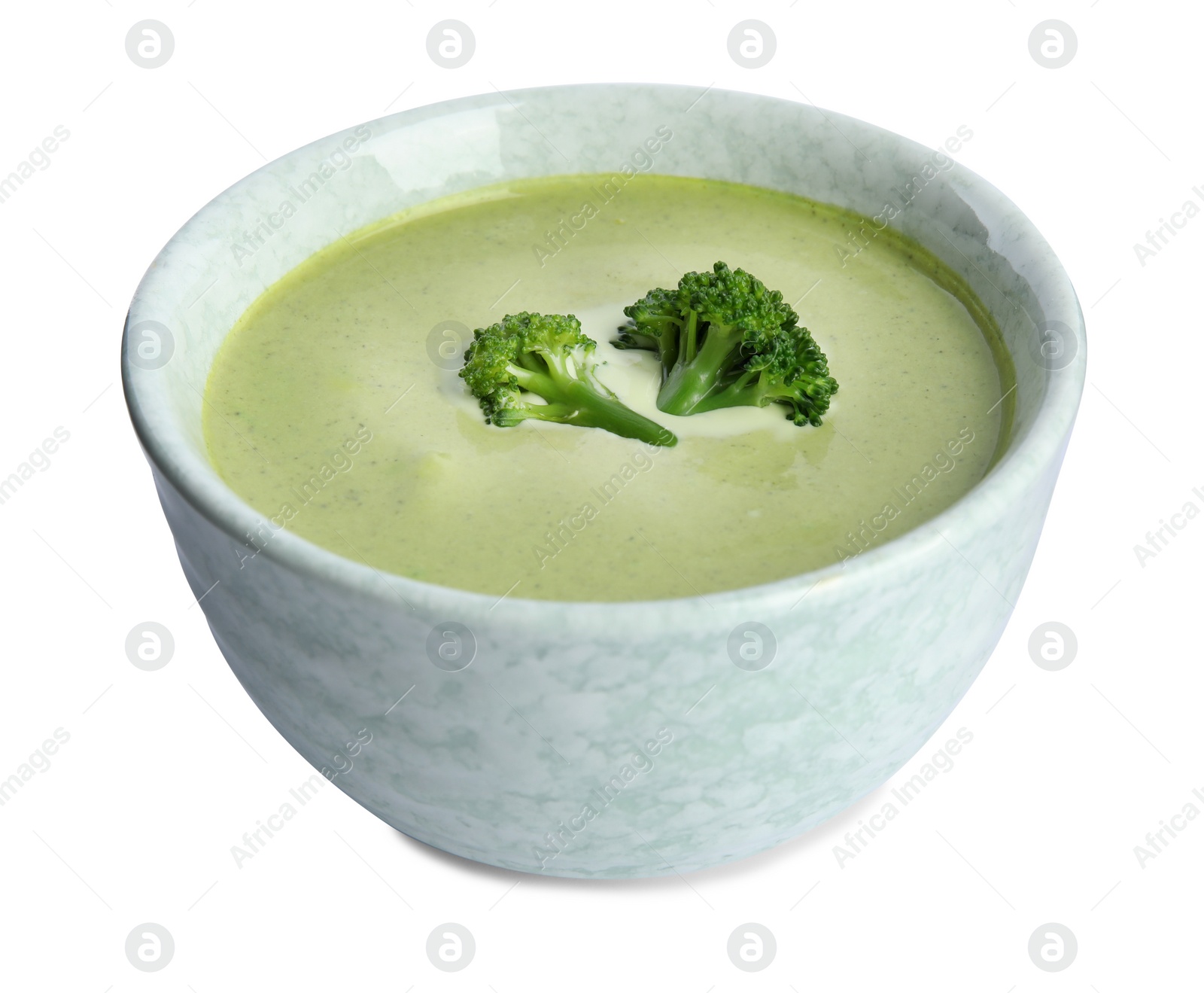 Photo of Delicious broccoli cream soup isolated on white