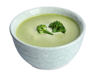 Delicious broccoli cream soup isolated on white