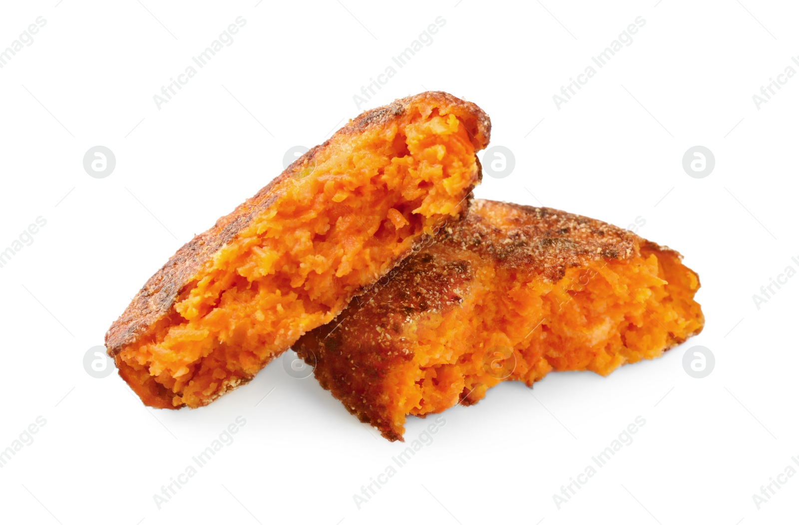 Photo of Pieces of vegan cutlet isolated on white