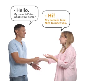 Image of Man and woman talking on white background. Dialogue balloons with phrases in English over them
