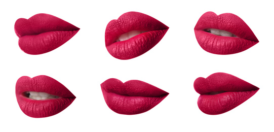 Image of Set of mouths with beautiful makeup on white background. Matte red lipstick