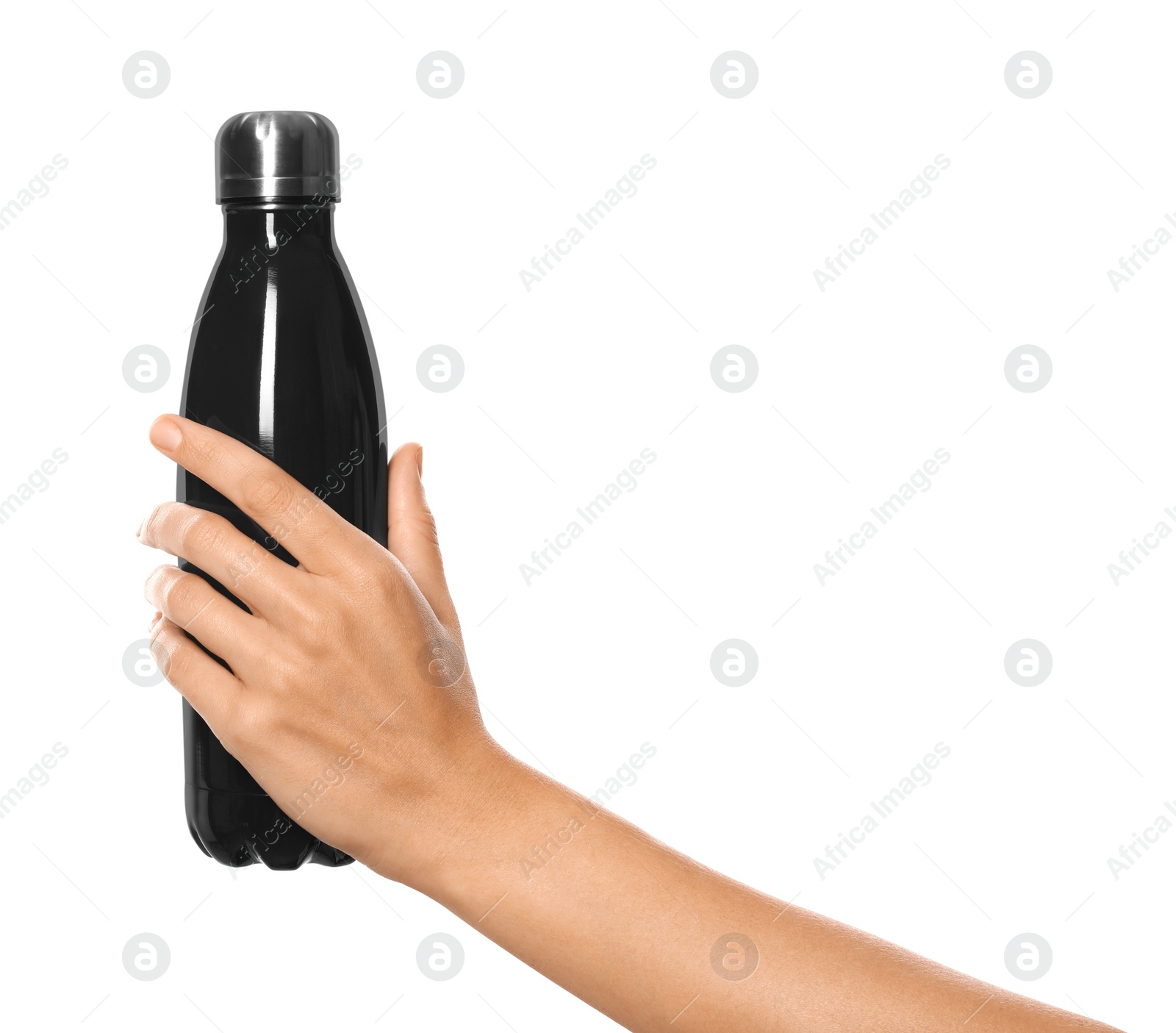 Photo of Woman holding black thermos bottle on white background, closeup