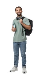 Photo of Student with headphones, backpack and books on white background