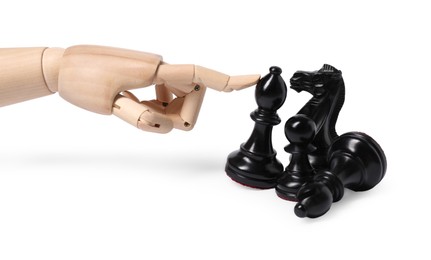 Robot touching bishop isolated on white. Wooden hand representing artificial intelligence playing chess