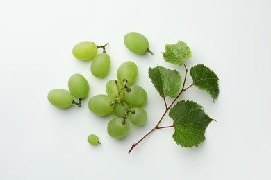 Photo of Fresh grapes and twig with leaves on white background, top view