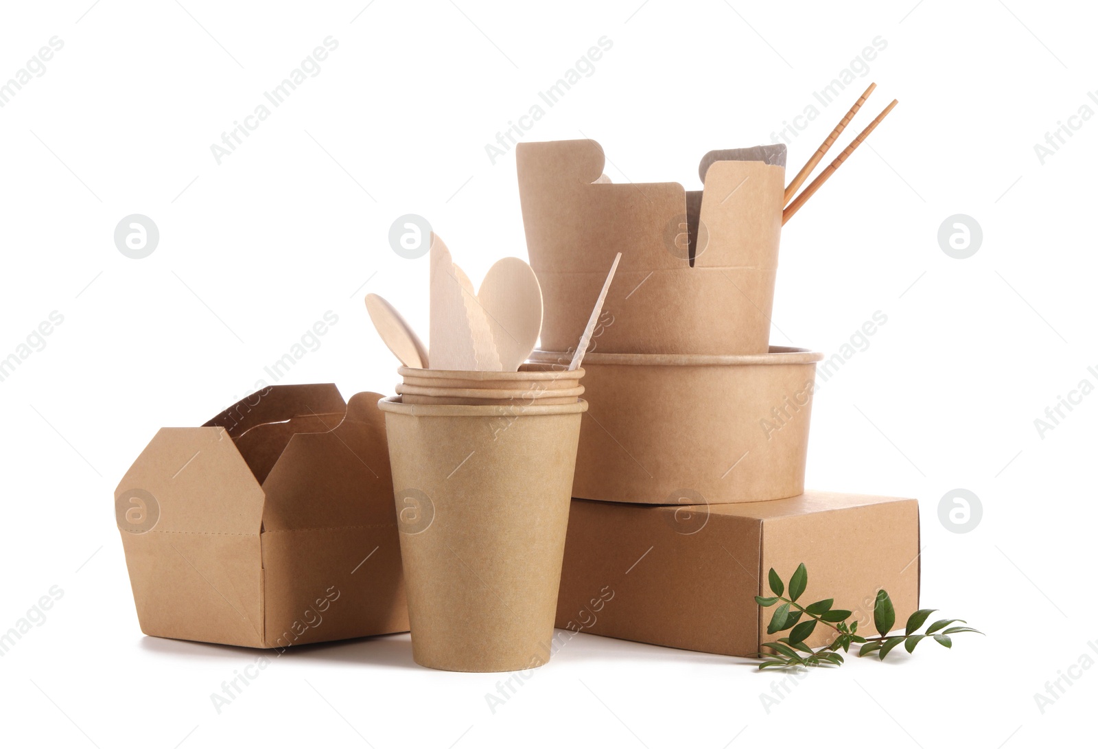 Photo of Eco friendly food packagings, wooden cutlery and twig isolated on white