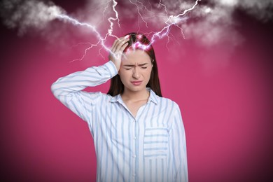 Image of Young woman having headache on pink background. Illustration of lightnings representing severe pain
