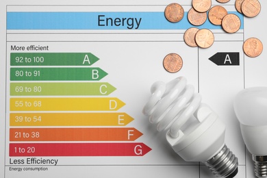 Photo of Coins and light bulbs on energy efficiency rating chart, top view