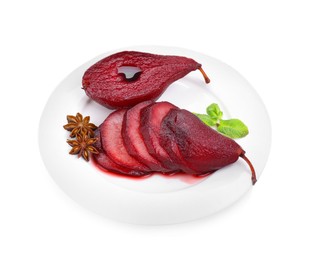 Tasty red wine poached pear isolated on white