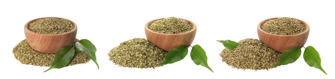 Image of Set with yerba mate leaf mix on white background. Banner design