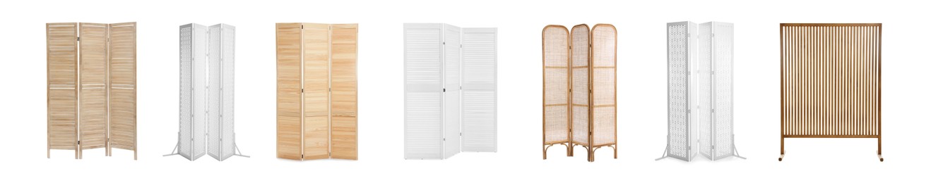 Set with different wooden folding screens on white background