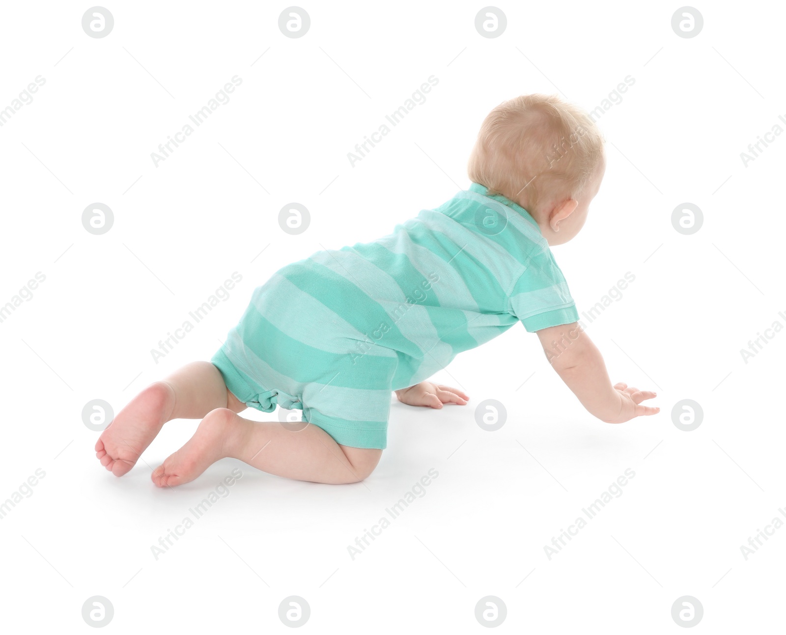 Photo of Cute little baby crawling on white background