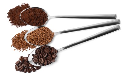 Spoons of beans, instant and ground coffee on white background, top view