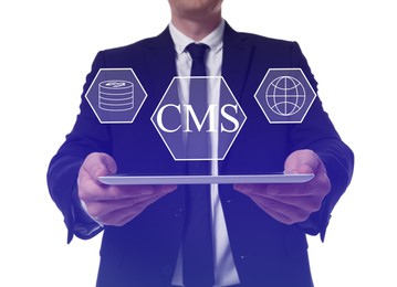 CMS. Man with tablet on white background, closeup. Icons over device