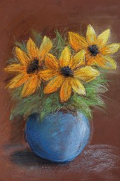 Pastel drawing of beautiful flowers in vase on brown background