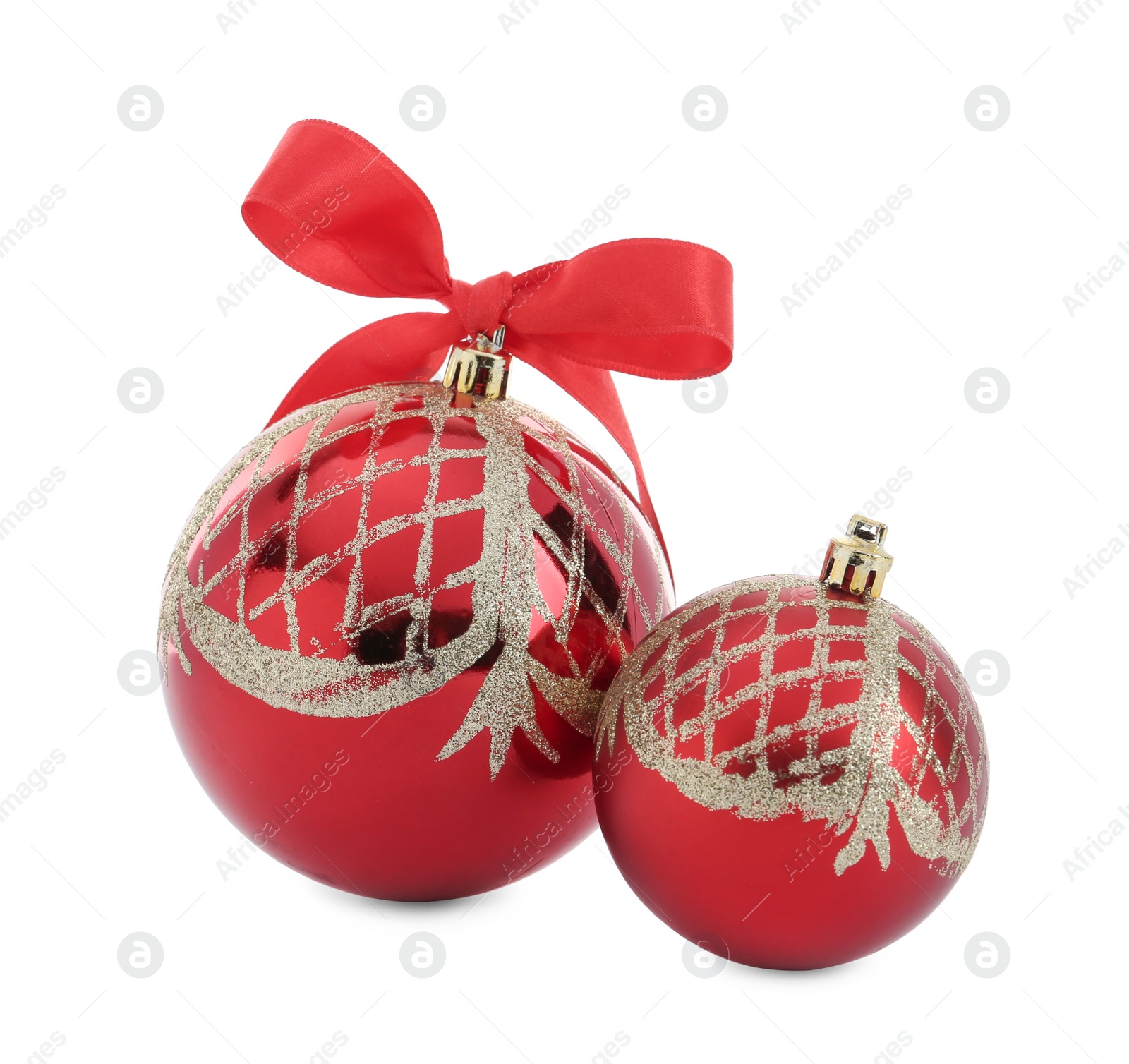 Photo of Beautiful Christmas balls with golden pattern on white background