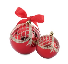 Photo of Beautiful Christmas balls with golden pattern on white background