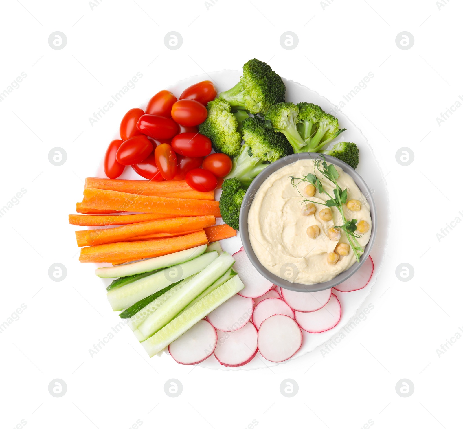 Photo of Plate with delicious hummus and fresh vegetables on white background, top view