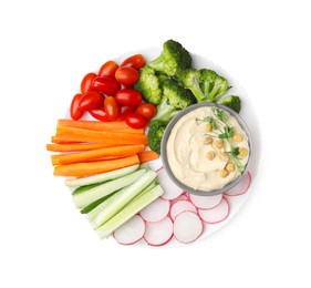 Photo of Plate with delicious hummus and fresh vegetables on white background, top view