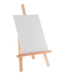 Wooden easel with blank canvas board on white background. Children's painting