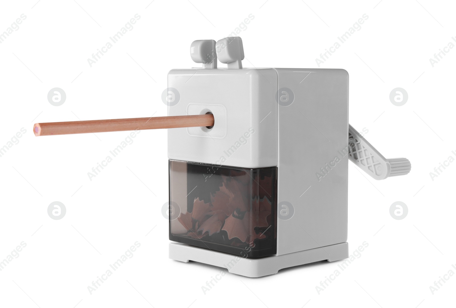 Photo of Mechanical rotary sharpener with pencil isolated on white