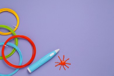 Photo of Stylish 3D pen, colorful plastic filaments and sun figure on violet background, flat lay. Space for text