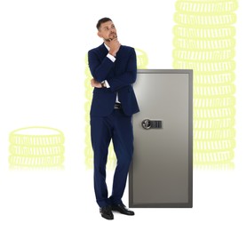 Financial security, keeping money. Thoughtful businessman near big steel safe. Stacked coins illustration on background
