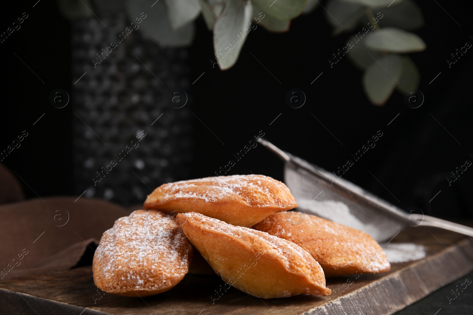 Photo of Delicious madeleine cakes with powdered sugar on table, closeup