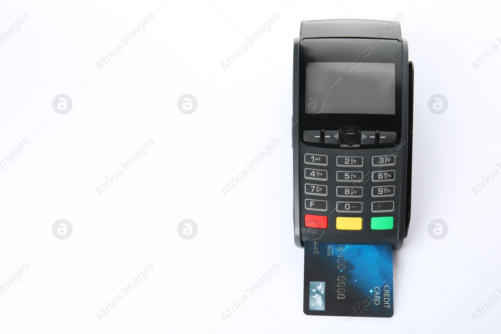 Photo of Modern payment terminal with credit card on white background, top view