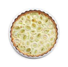 Freshly baked leek pie isolated on white, top view
