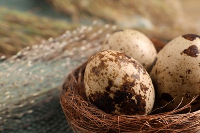 Photo of Nest with quail eggs on table, closeup