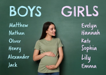 Image of Pregnant woman choosing name for her child. Future mother near green chalkboard with different names