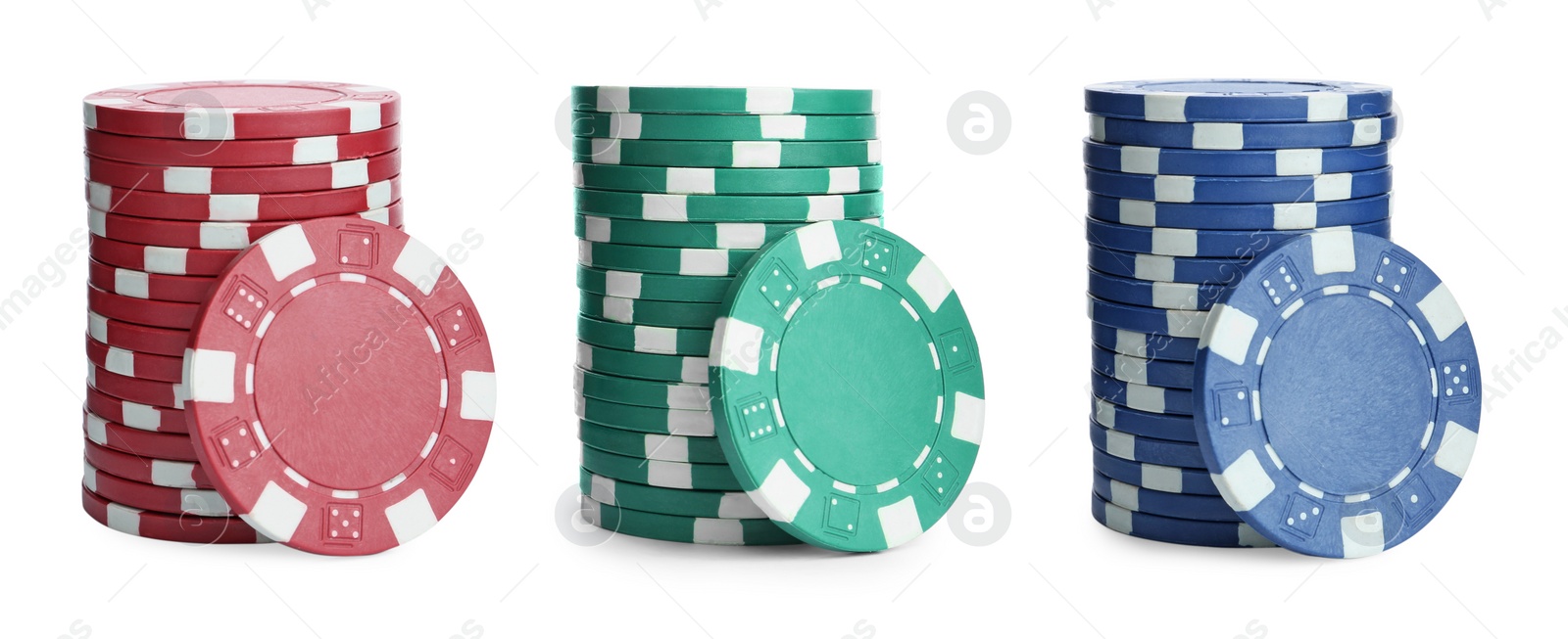 Image of Set with stacks of different casino chips on white background, banner design. Poker game