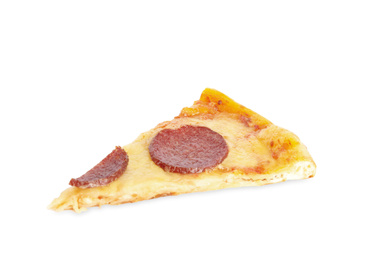 Photo of Slice of tasty pepperoni pizza isolated on white
