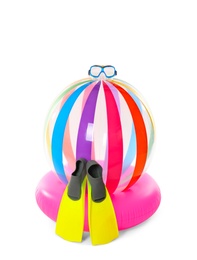 Photo of Inflatable ring and beach accessories on white background. Summer holidays