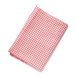 Photo of Red checkered kitchen towel isolated on white, top view