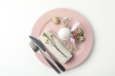 Festive Easter table setting with beautiful floral decor, top view