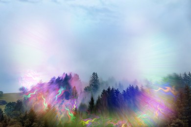 Image of View of mountain forest and flashing lights effect. Migraine aura, symptom of disease