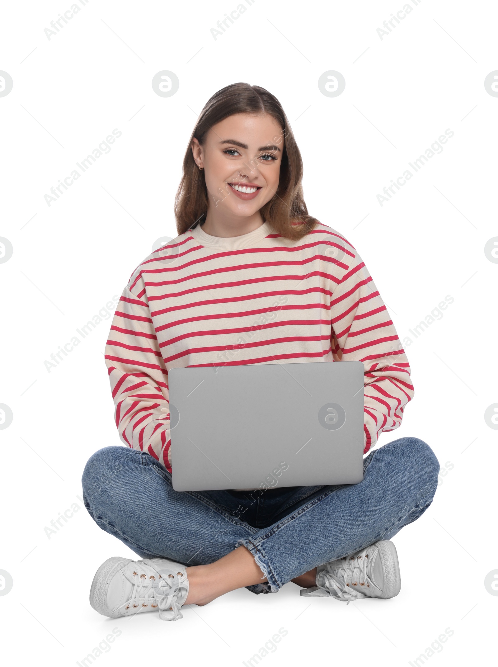 Photo of Happy woman with laptop on white background