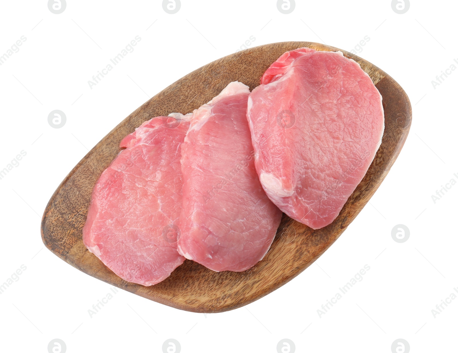 Photo of Wooden board with pieces of raw pork meat isolated on white, top view