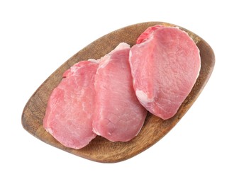 Photo of Wooden board with pieces of raw pork meat isolated on white, top view