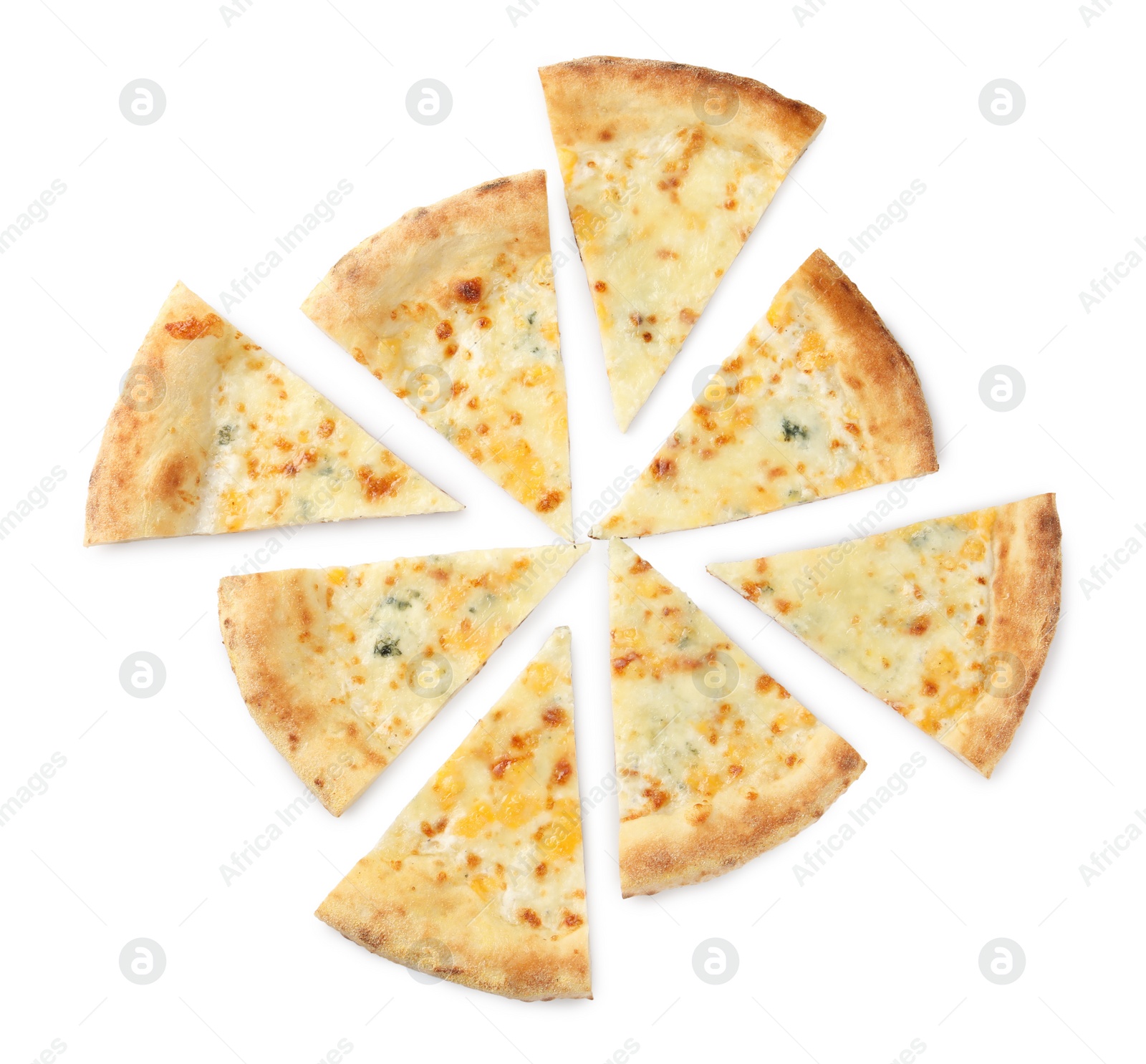 Photo of Pieces of delicious cheese pizza isolated on white, top view