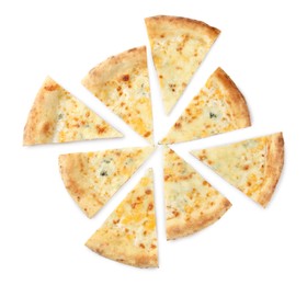 Pieces of delicious cheese pizza isolated on white, top view