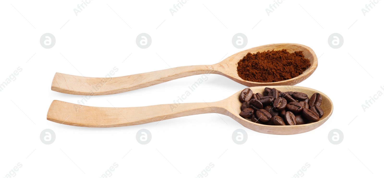 Photo of Wooden spoons of ground coffee and beans on white background