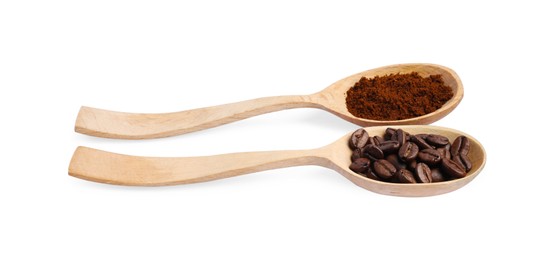 Wooden spoons of ground coffee and beans on white background