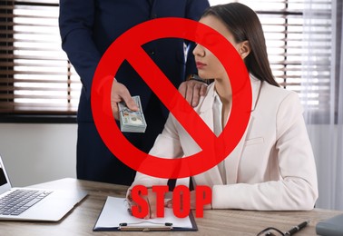 Image of Stop corruption. Illustration of red prohibition sign and man giving bribe to woman at table in office