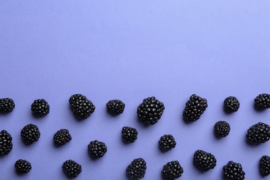 Fresh ripe blackberries on lilac background, flat lay. Space for text