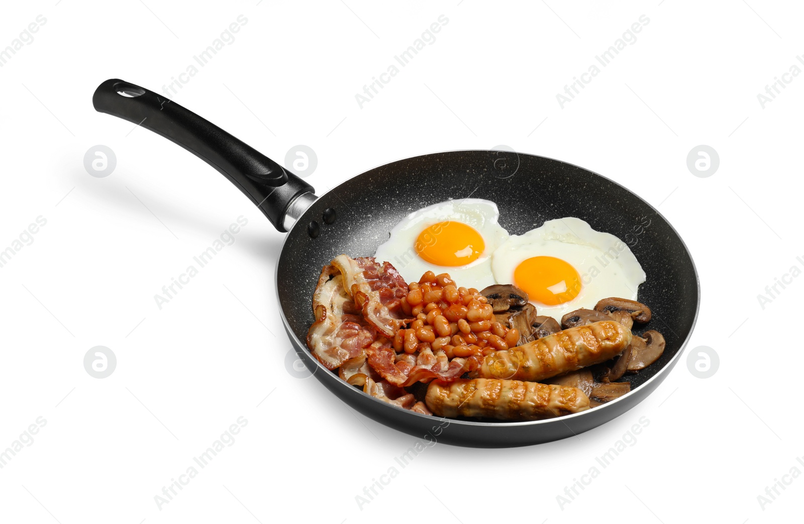 Photo of Frying pan with cooked traditional English breakfast isolated on white